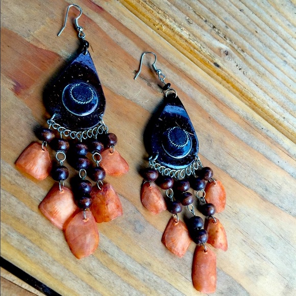 Brand New Rust Brown Tagua Coconut Handcarved Earrings Ecuadorean Large - Picture 4 of 6